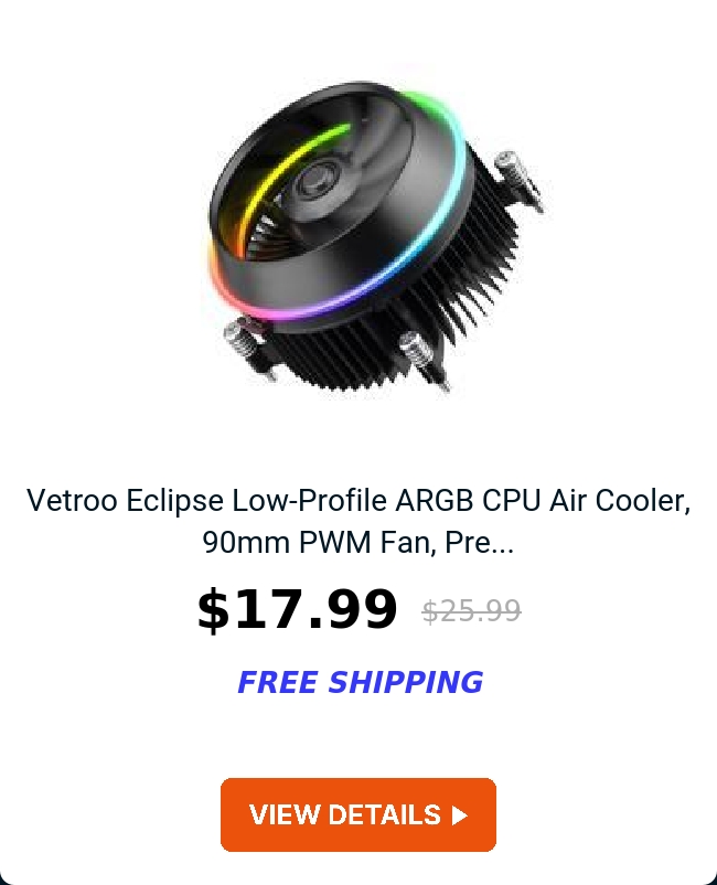 Vetroo Eclipse Low-Profile ARGB CPU Air Cooler, 90mm PWM Fan, Pre...