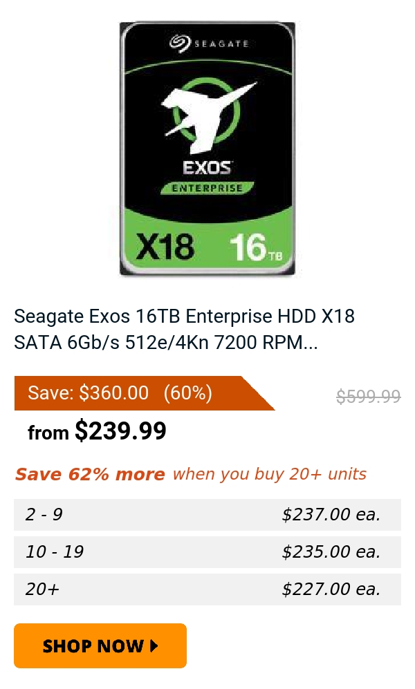 Seagate Exos 16TB Enterprise HDD X18 SATA 6Gb/s 512e/4Kn 7200 RPM...