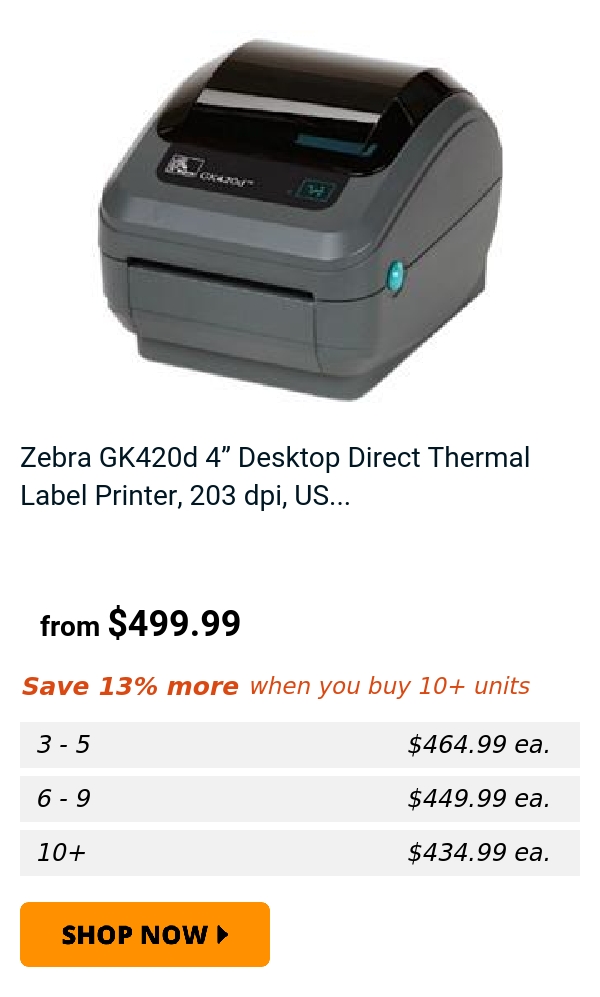 Zebra GK420d 4” Desktop Direct Thermal Label Printer, 203 dpi, US...