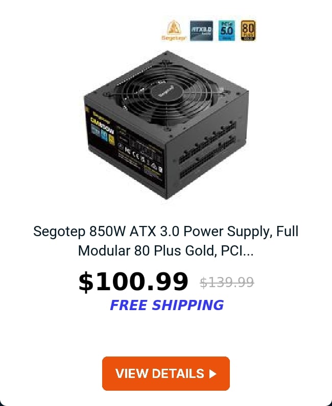 Segotep 850W ATX 3.0 Power Supply, Full Modular 80 Plus Gold, PCI...