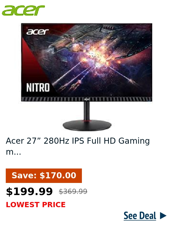 Acer 27” 280Hz IPS Full HD Gaming m...