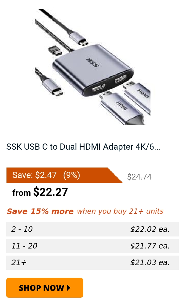 SSK USB C to Dual HDMI Adapter 4K/6...