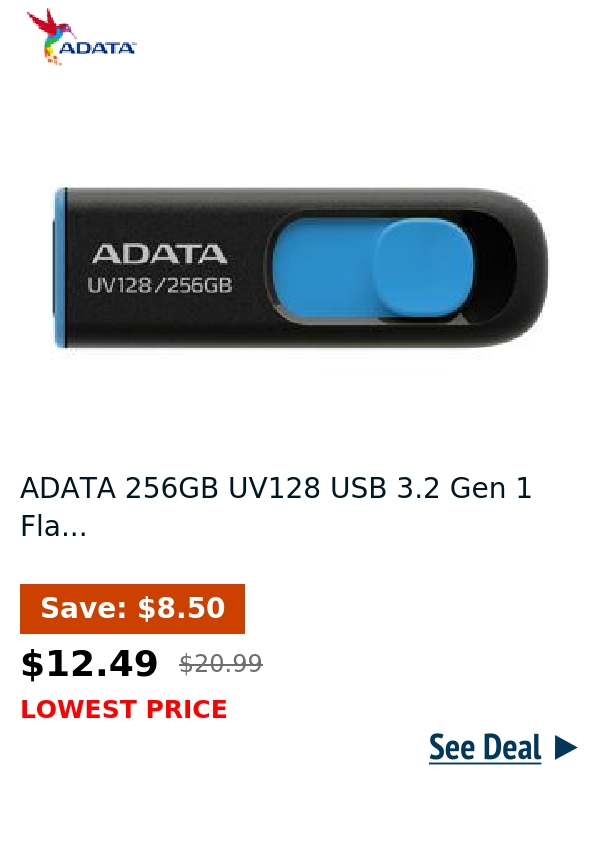 ADATA 256GB UV128 USB 3.2 Gen 1 Fla...