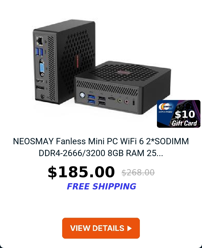 NEOSMAY Fanless Mini PC WiFi 6 2*SODIMM DDR4-2666/3200 8GB RAM 25...