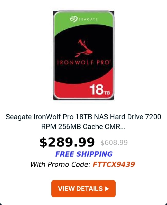 Seagate IronWolf Pro 18TB NAS Hard Drive 7200 RPM 256MB Cache CMR...