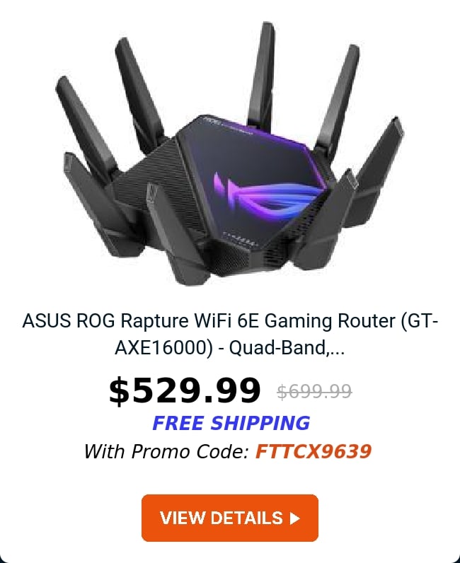 ASUS ROG Rapture WiFi 6E Gaming Router (GT-AXE16000) - Quad-Band,...