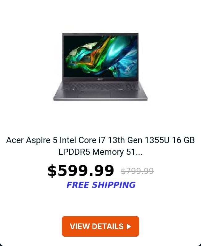 Acer Aspire 5 Intel Core i7 13th Gen 1355U 16 GB LPDDR5 Memory 51...