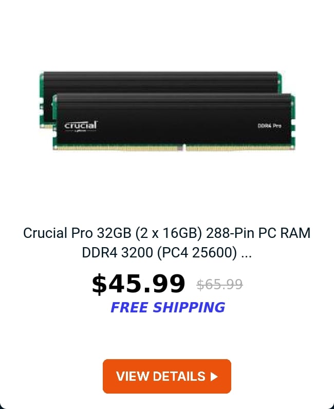 Crucial Pro 32GB (2 x 16GB) 288-Pin PC RAM DDR4 3200 (PC4 25600) ...