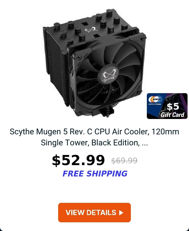 Scythe Mugen 5 Rev. C CPU Air Cooler, 120mm Single Tower, Black Edition, ...