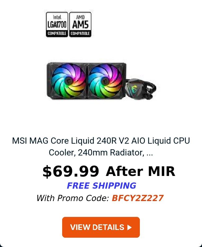 MSI MAG Core Liquid 240R V2 AIO Liquid CPU Cooler, 240mm Radiator, ...