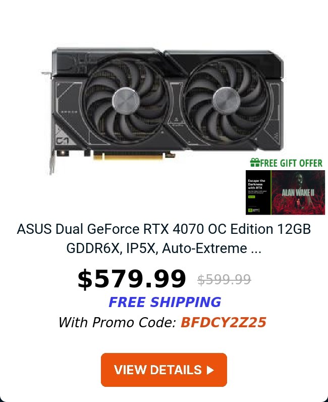 ASUS Dual GeForce RTX 4070 OC Edition 12GB GDDR6X, IP5X, Auto-Extreme ...