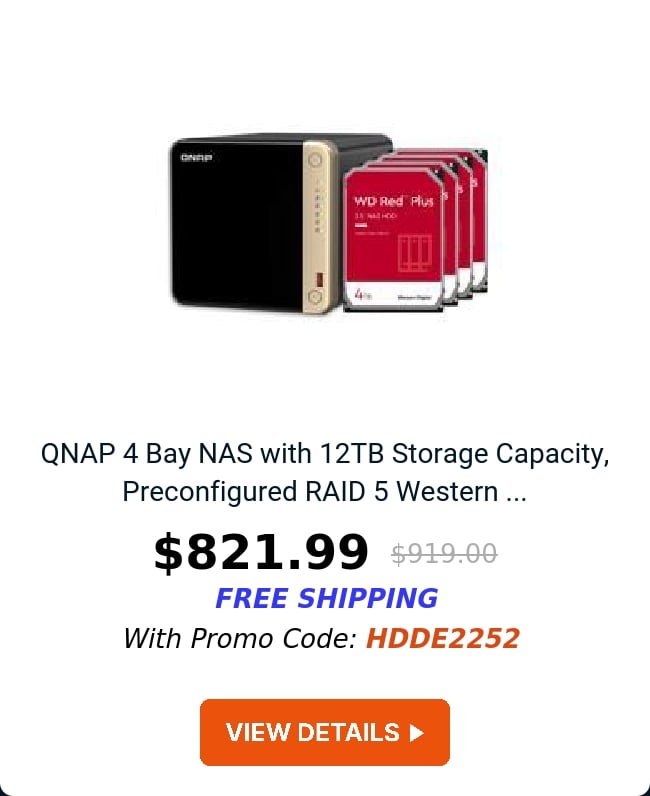 QNAP 4 Bay NAS with 12TB Storage Capacity, Preconfigured RAID 5 Western ...