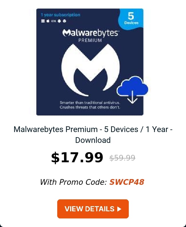 Malwarebytes Premium - 5 Devices / 1 Year - Download 