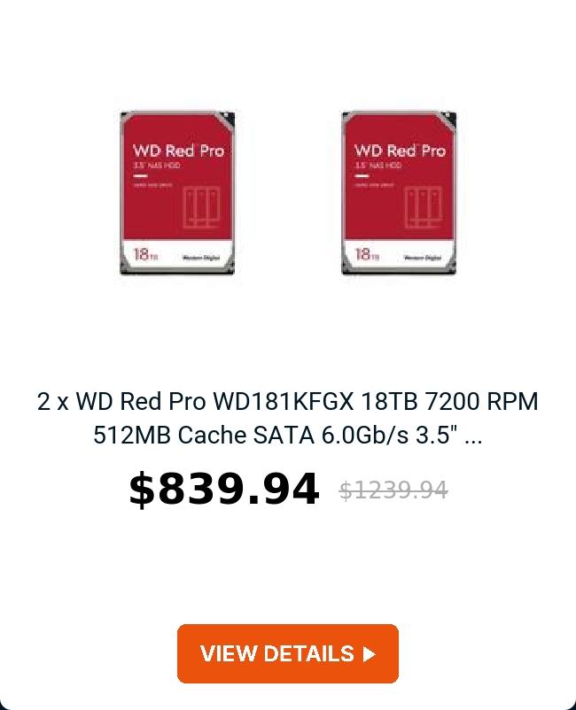 2 x WD Red Pro WD181KFGX 18TB 7200 RPM 512MB Cache SATA 6.0Gb/s 3.5