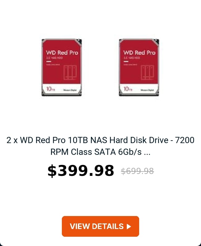 2 x WD Red Pro 10TB NAS Hard Disk Drive - 7200 RPM Class SATA 6Gb/s ...