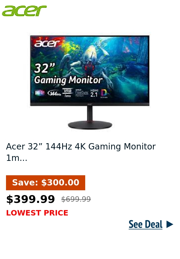 Acer 32” 144Hz 4K Gaming Monitor 1m...