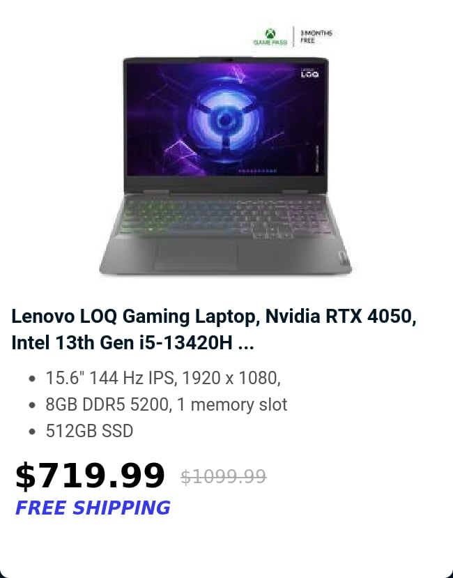 Lenovo LOQ Gaming Laptop, Nvidia RTX 4050, Intel 13th Gen i5-13420H ...