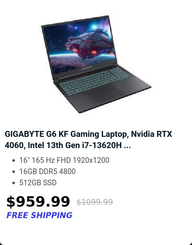 GIGABYTE G6 KF Gaming Laptop, Nvidia RTX 4060, Intel 13th Gen i7-13620H ...