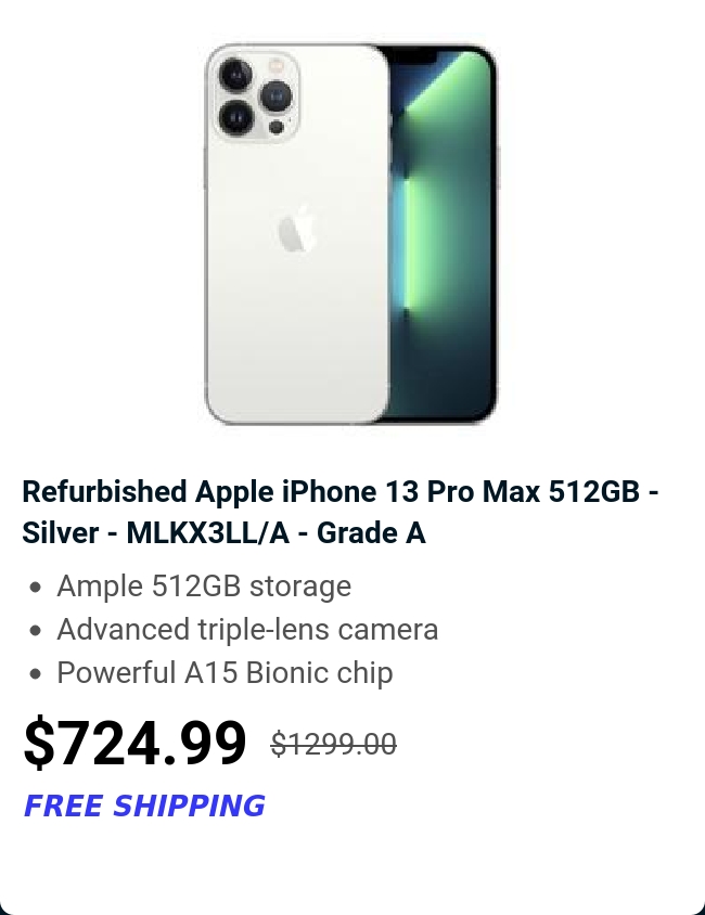Refurbished Apple iPhone 13 Pro Max 512GB - Silver - MLKX3LL/A - Grade A 