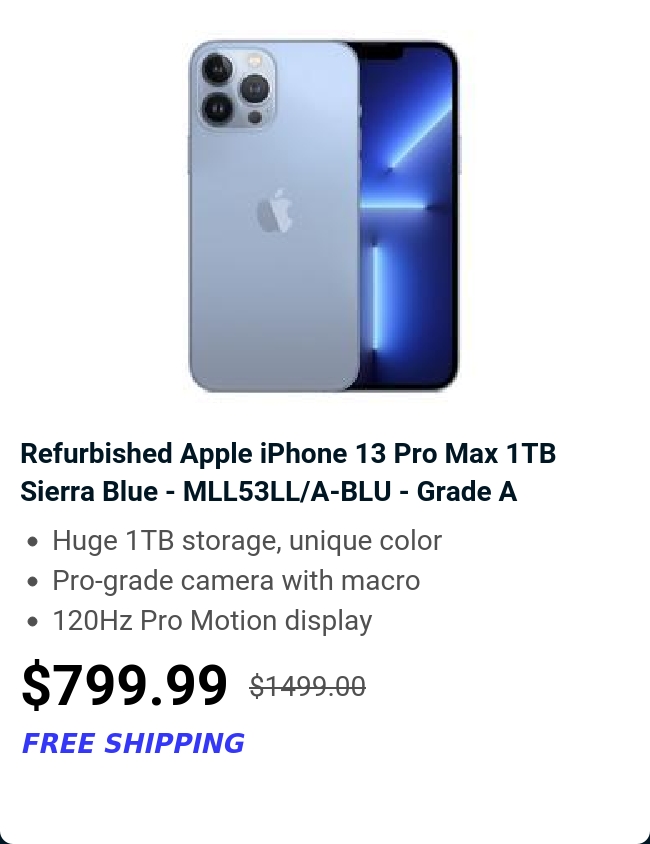 Refurbished Apple iPhone 13 Pro Max 1TB Sierra Blue - MLL53LL/A-BLU - Grade A 