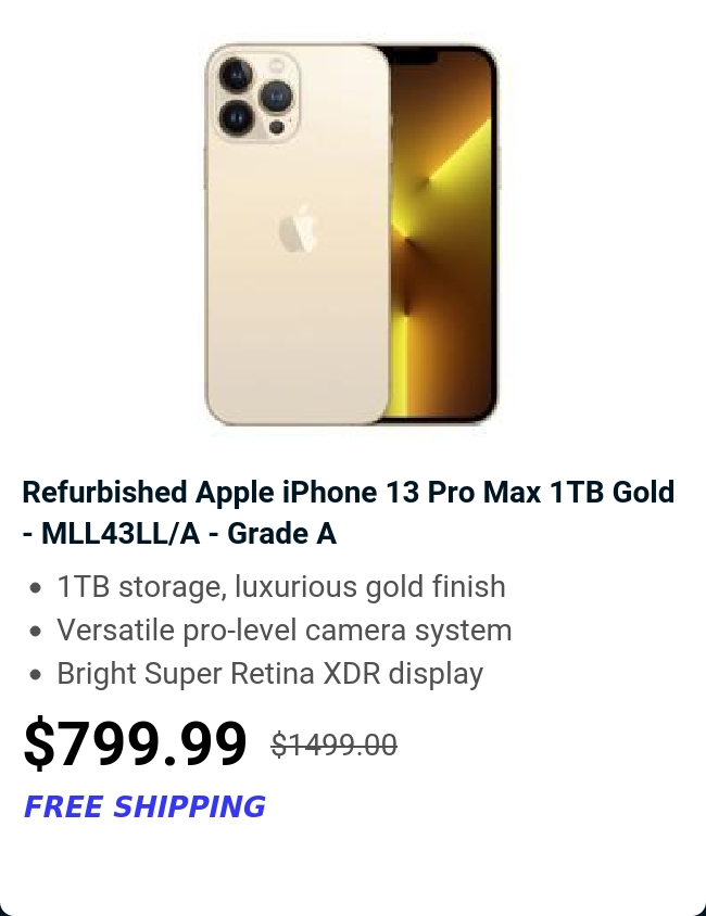 Refurbished Apple iPhone 13 Pro Max 1TB Gold - MLL43LL/A - Grade A 