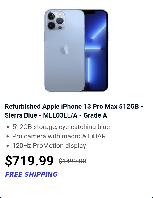 Refurbished Apple iPhone 13 Pro Max 512GB - Sierra Blue - MLL03LL/A - Grade A 