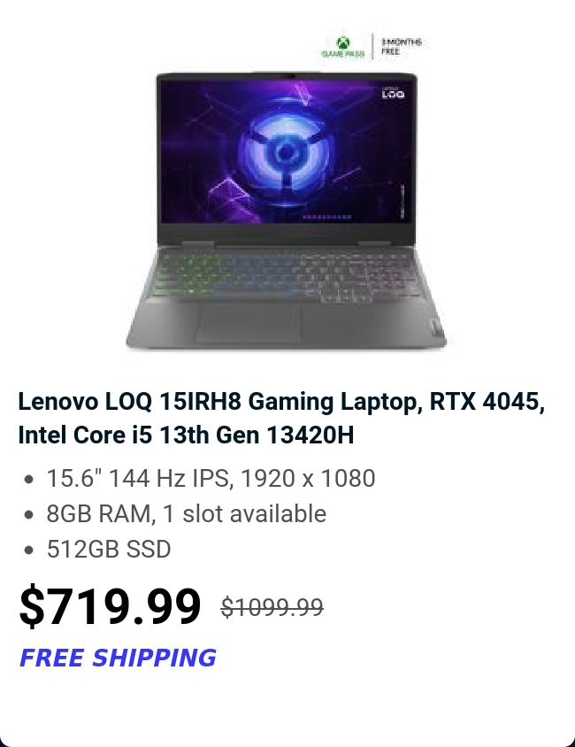 Lenovo LOQ 15IRH8 Gaming Laptop, RTX 4045, Intel Core i5 13th Gen 13420H 