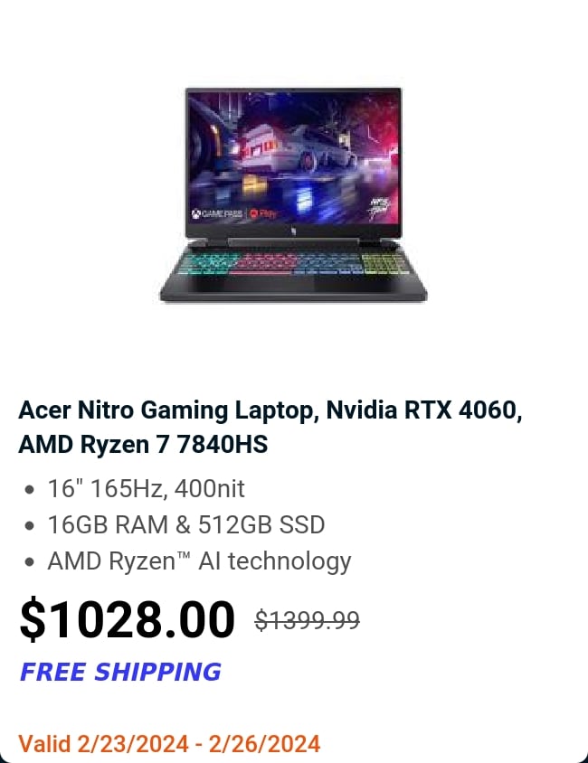 Acer Nitro Gaming Laptop, Nvidia RTX 4060, AMD Ryzen 7 7840HS 