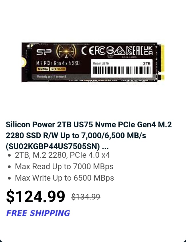 Silicon Power 2TB US75 Nvme PCIe Gen4 M.2 2280 SSD R/W Up to 7,000/6,500 MB/s (SU02KGBP44US7505SN) ...