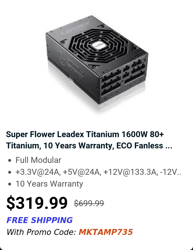 Super Flower Leadex Titanium 1600W 80+ Titanium, 10 Years Warranty,  ECO Fanless ...