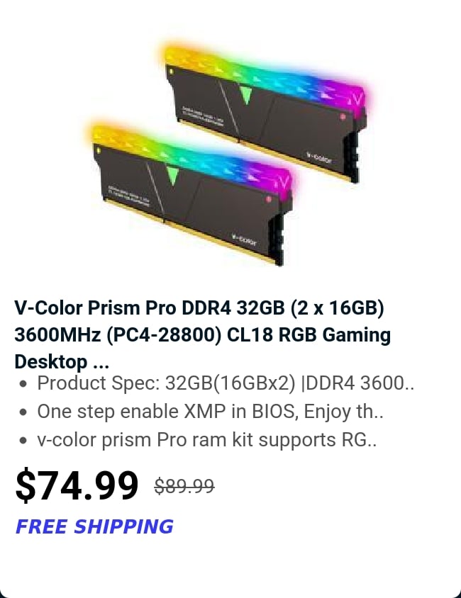 V-Color Prism Pro DDR4 32GB (2 x 16GB) 3600MHz (PC4-28800) CL18 RGB Gaming Desktop ...