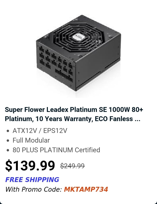 Super Flower Leadex Platinum SE 1000W 80+ Platinum, 10 Years Warranty, ECO Fanless ...