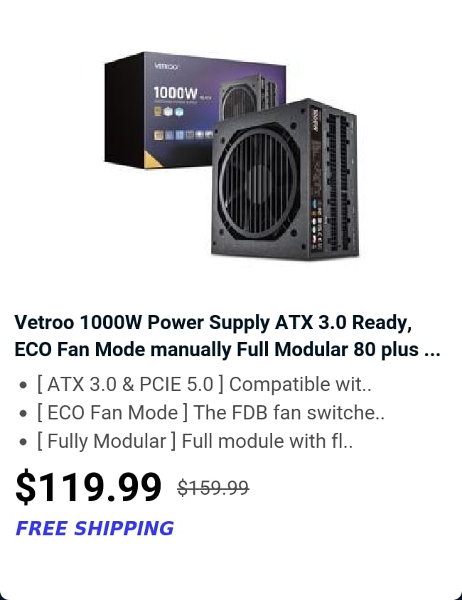 Vetroo 1000W Power Supply ATX 3.0 Ready, ECO Fan Mode manually Full Modular 80 plus ...