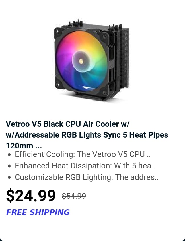 Vetroo V5 Black CPU Air Cooler w/ w/Addressable RGB Lights Sync 5 Heat Pipes 120mm ...