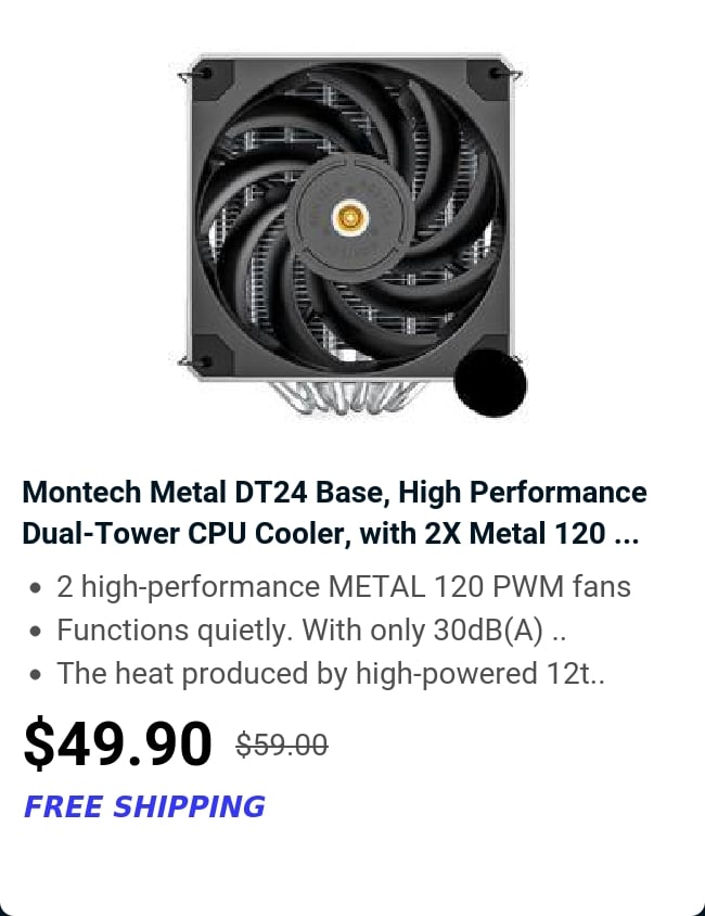 Montech Metal DT24 Base, High Performance Dual-Tower CPU Cooler, with 2X Metal 120 ...