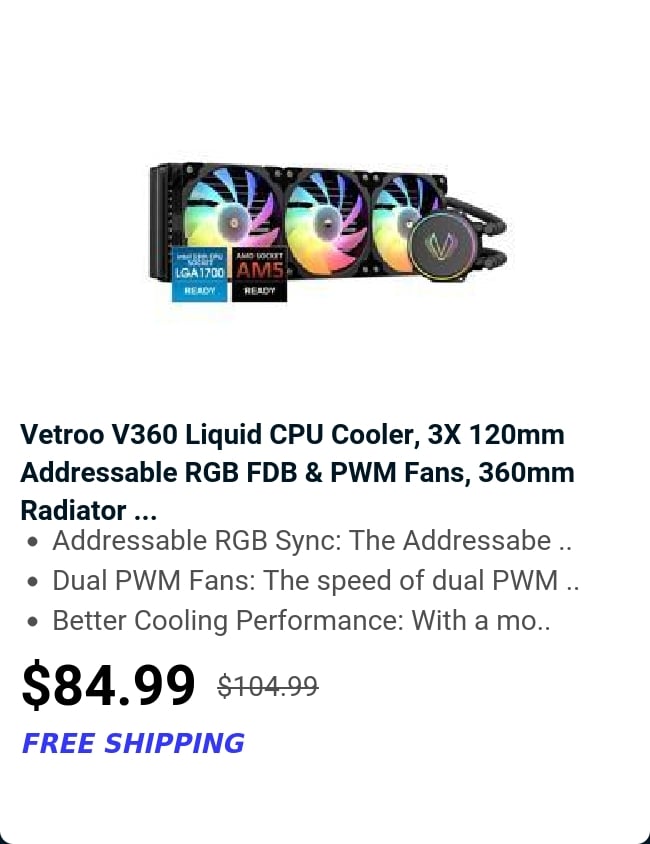 Vetroo V360 Liquid CPU Cooler, 3X 120mm Addressable RGB FDB & PWM Fans, 360mm Radiator ...