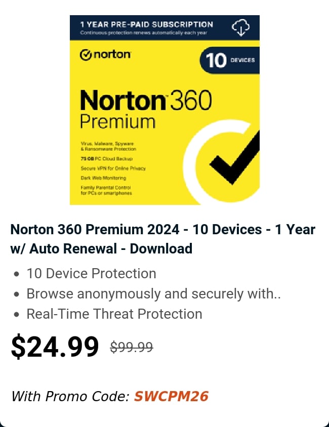 Norton 360 Premium 2024 - 10 Devices - 1 Year w/ Auto Renewal - Download 