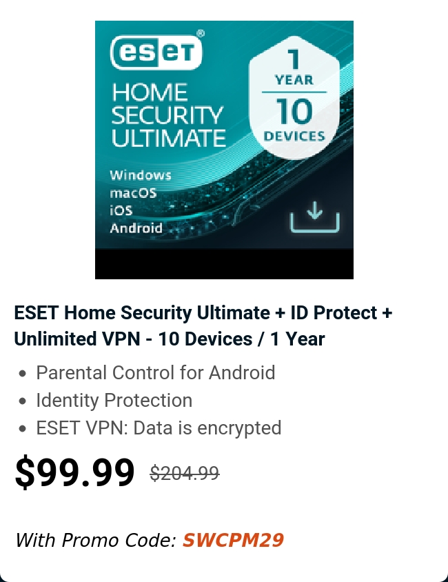 ESET Home Security Ultimate + ID Protect + Unlimited VPN - 10 Devices / 1 Year 