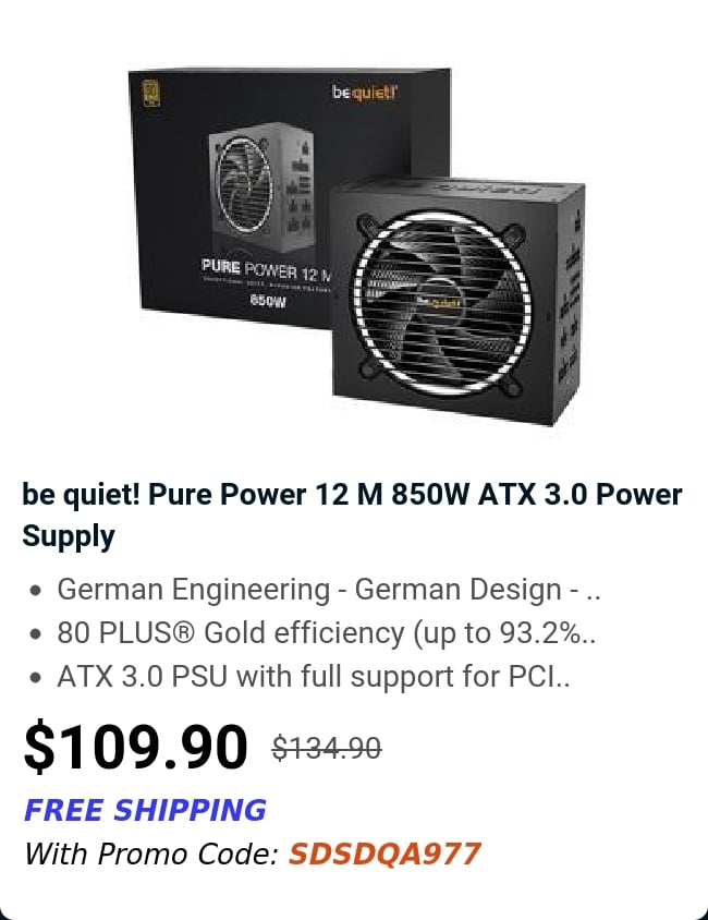 be quiet! Pure Power 12 M 850W ATX 3.0 Power Supply 