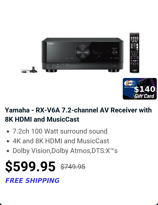 Yamaha - RX-V6A 7.2-channel AV Receiver with 8K HDMI and MusicCast 