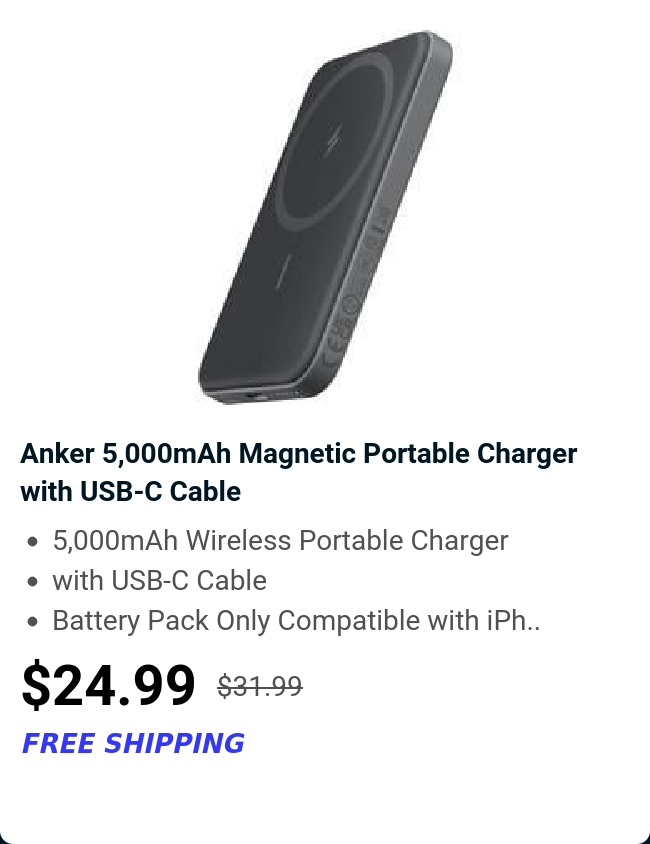 Anker  5,000mAh Magnetic Portable Charger with USB-C Cable 