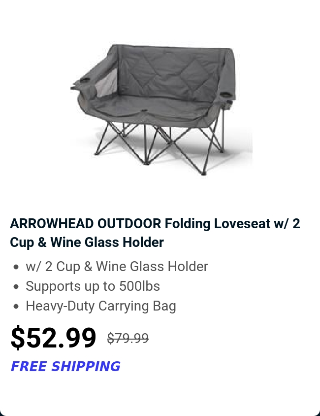 ARROWHEAD OUTDOOR Folding Loveseat w/ 2 Cup & Wine Glass Holder 