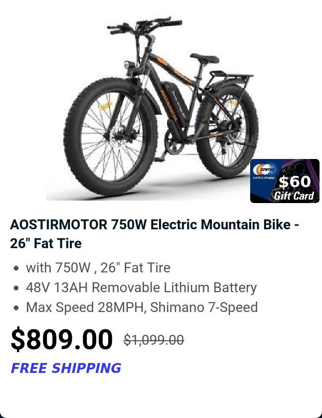 AOSTIRMOTOR 750W Electric Mountain Bike - 26