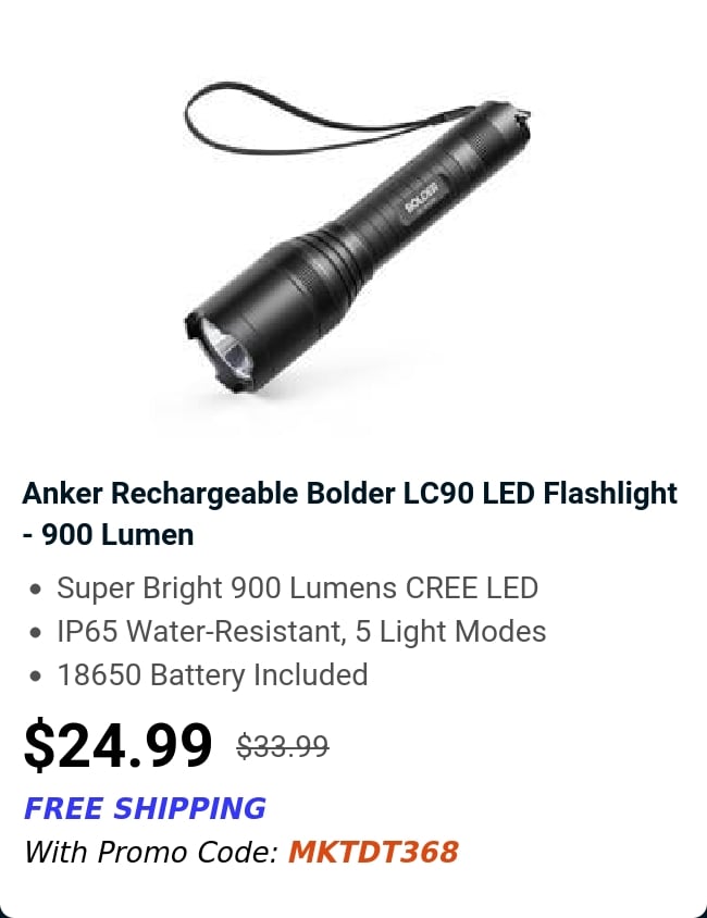 Anker Rechargeable Bolder LC90 LED Flashlight - 900 Lumen 