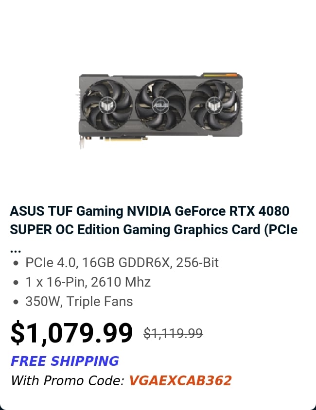 ASUS TUF Gaming NVIDIA GeForce RTX 4080 SUPER OC Edition Gaming Graphics Card (PCIe ...