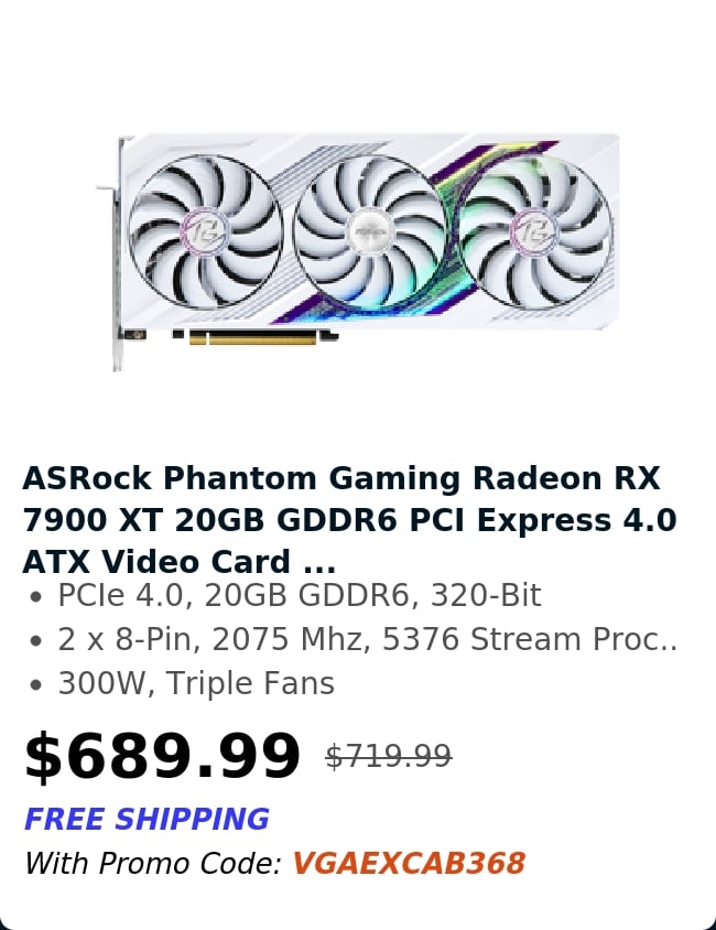 ASRock Phantom Gaming Radeon RX 7900 XT 20GB GDDR6 PCI Express 4.0 ATX Video Card ...