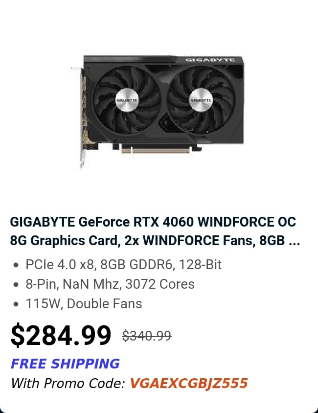 GIGABYTE GeForce RTX 4060 WINDFORCE OC 8G Graphics Card, 2x WINDFORCE Fans, 8GB ...