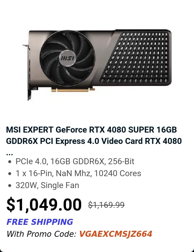 MSI EXPERT GeForce RTX 4080 SUPER 16GB GDDR6X PCI Express 4.0 Video Card RTX 4080 ...