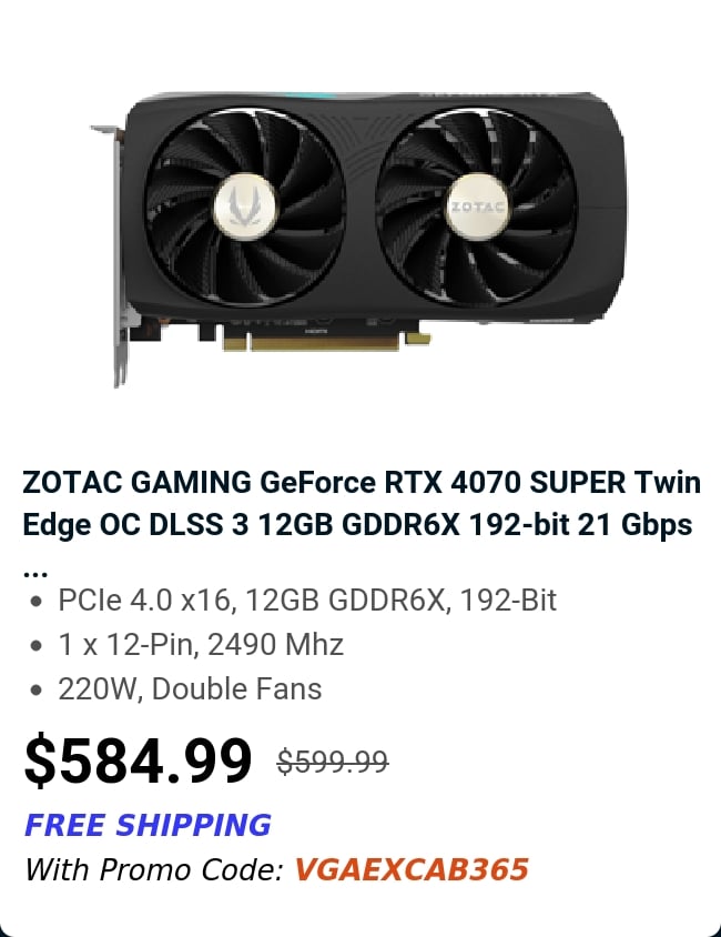 ZOTAC GAMING GeForce RTX 4070 SUPER Twin Edge OC DLSS 3 12GB GDDR6X 192-bit 21 Gbps ...