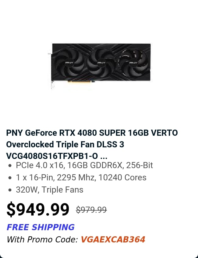 PNY GeForce RTX 4080 SUPER 16GB VERTO Overclocked Triple Fan DLSS 3 VCG4080S16TFXPB1-O ...